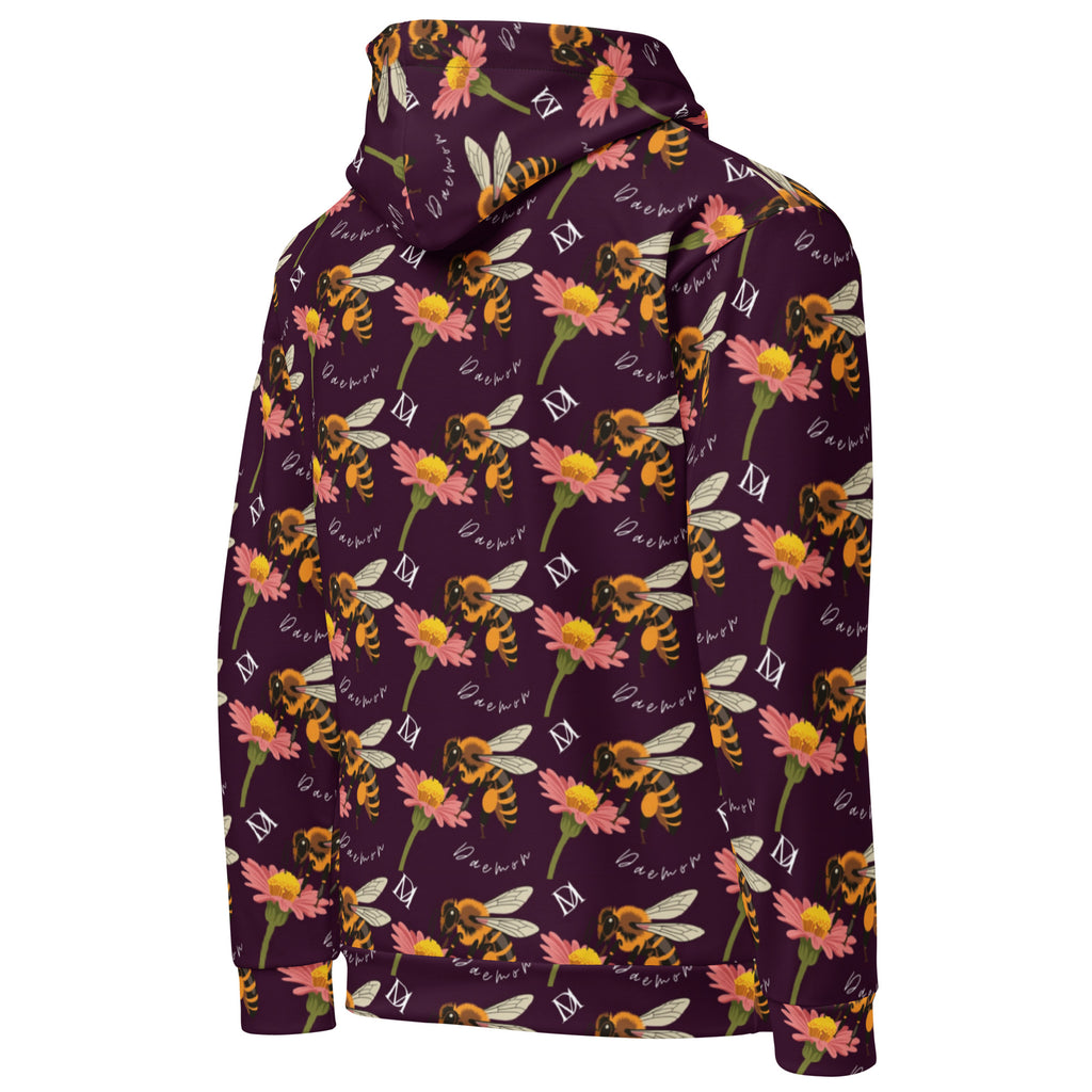 Daemon Luxury Honeybee Shores Gardena Dusk unisex white hoodie with all-over print and recycled fabric, viewed from the right back.