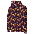 Daemon Luxury Honeybee Shores Gardena Dusk unisex white hoodie with all-over print and recycled fabric, viewed from the right back.