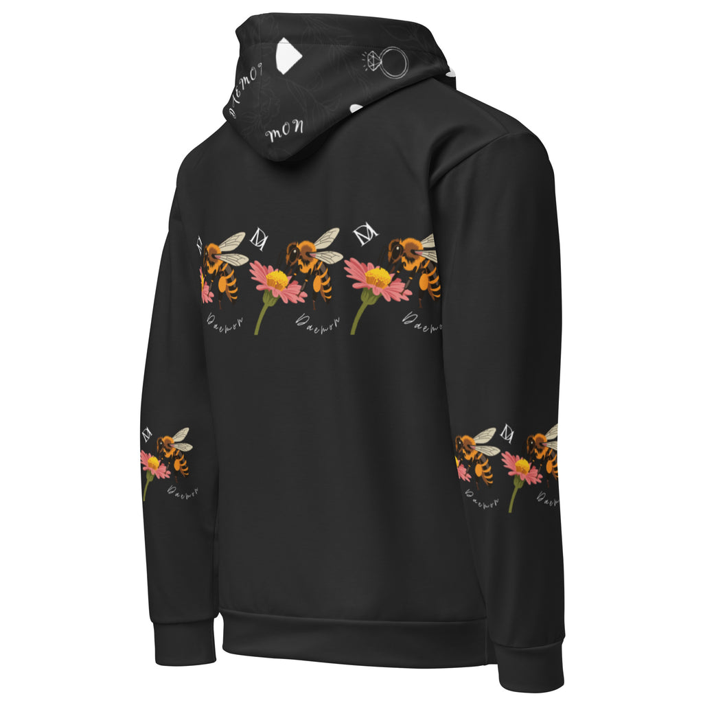 Daemon Luxury Florette Rebirth Honeybee Nights unisex hoodie with all-over recycled print, white background, right back view.