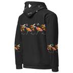 Daemon Luxury Florette Rebirth Honeybee Nights unisex hoodie with all-over recycled print, white background, right back view.