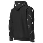 Daemon Luxury Florette Rebirth honeybee less unisex hoodie with all-over recycled print, shown from the right back angle.