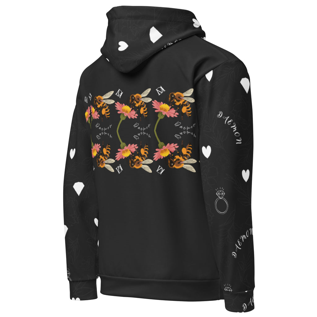 Rebirth Honeybee Mirrors all-over print unisex white hoodie with hood, by Daemon Luxury, showing the back design.