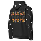 Rebirth Honeybee Mirrors all-over print unisex white hoodie with hood, by Daemon Luxury, showing the back design.