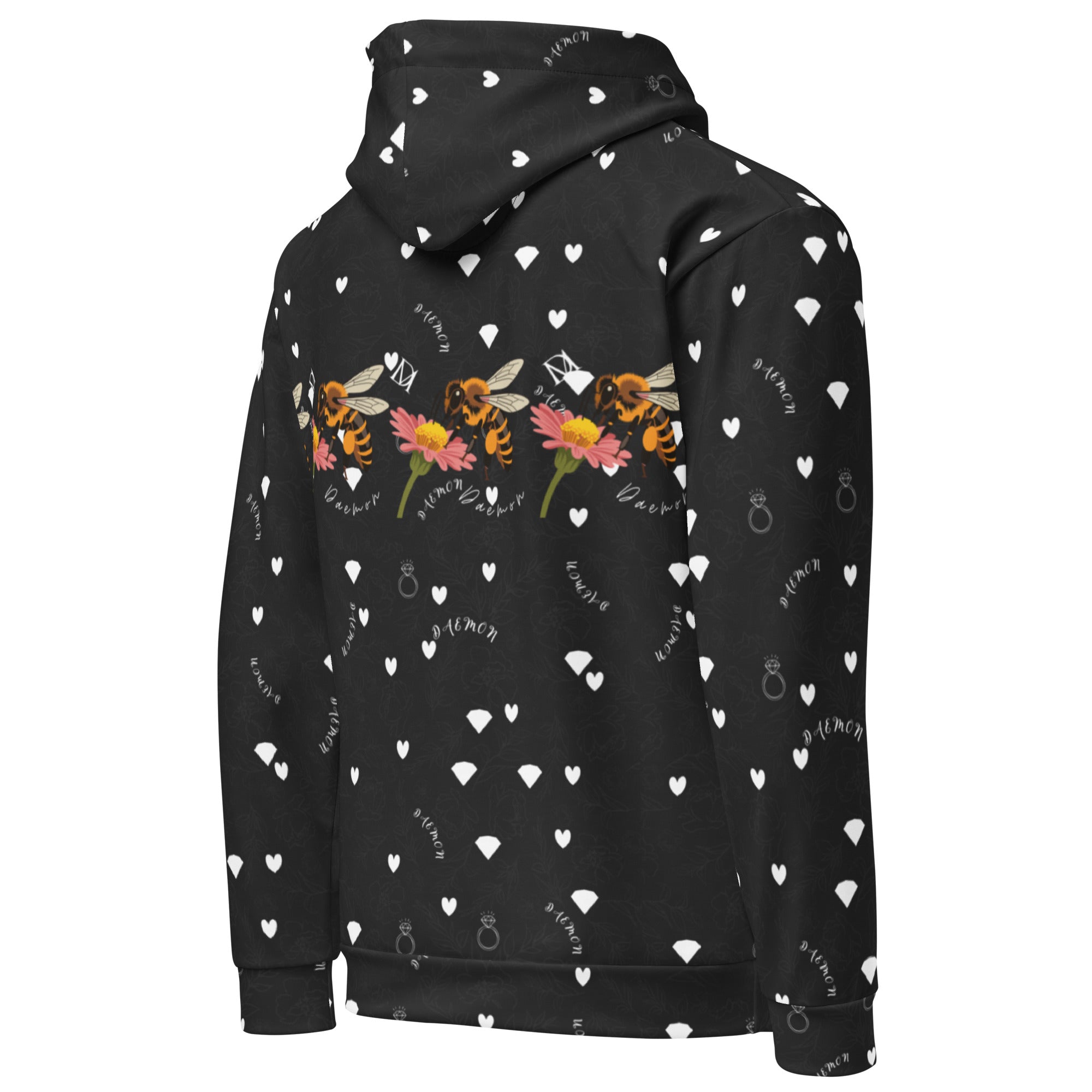 Daemon Luxury Florette Rebirth Honeybee Bliss unisex hoodie with all-over print, recycled fabric, white color, right back view.