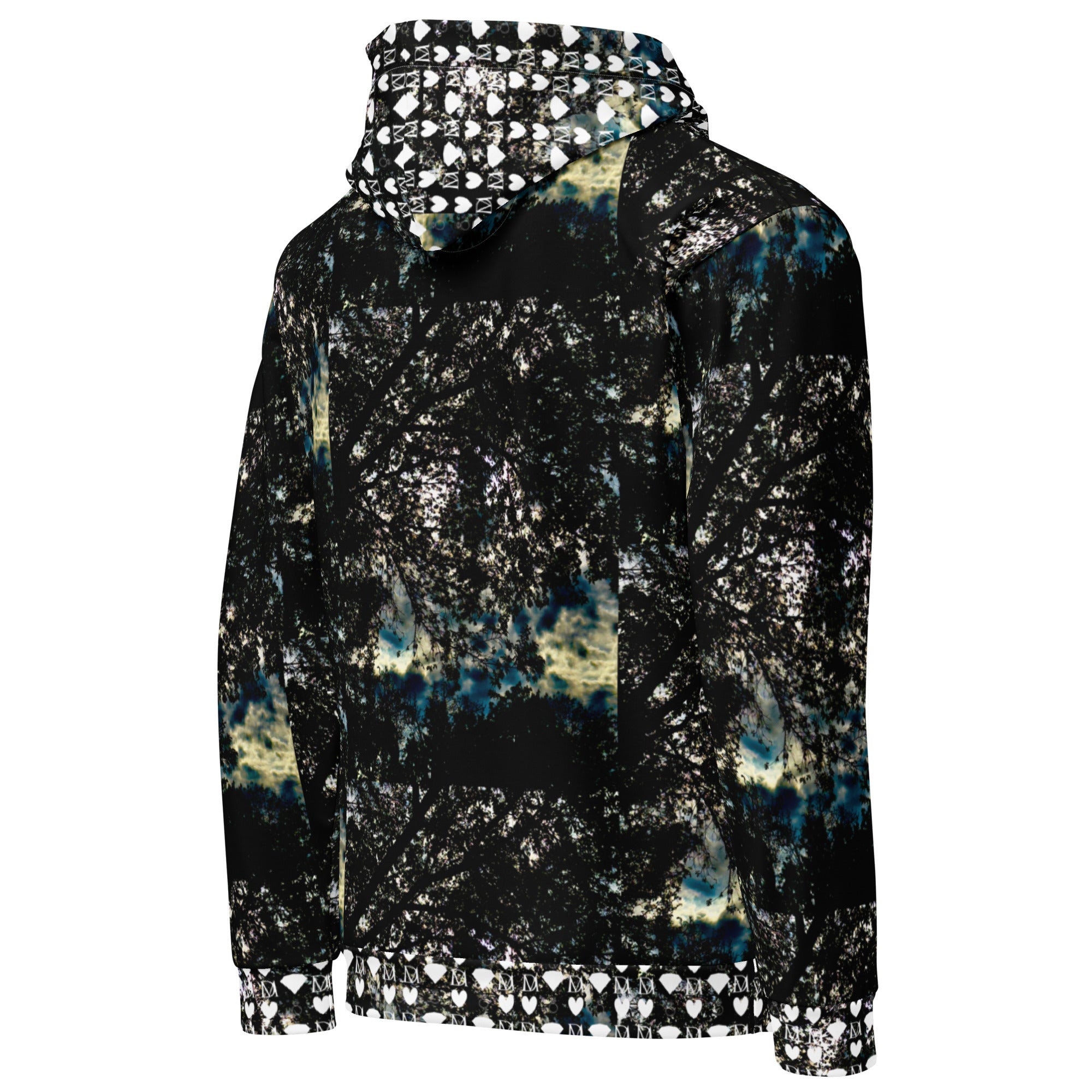 Unisex white hoodie with stitched frames pattern from Daemon Luxury’s Panther Canyon collection, showing the back view.