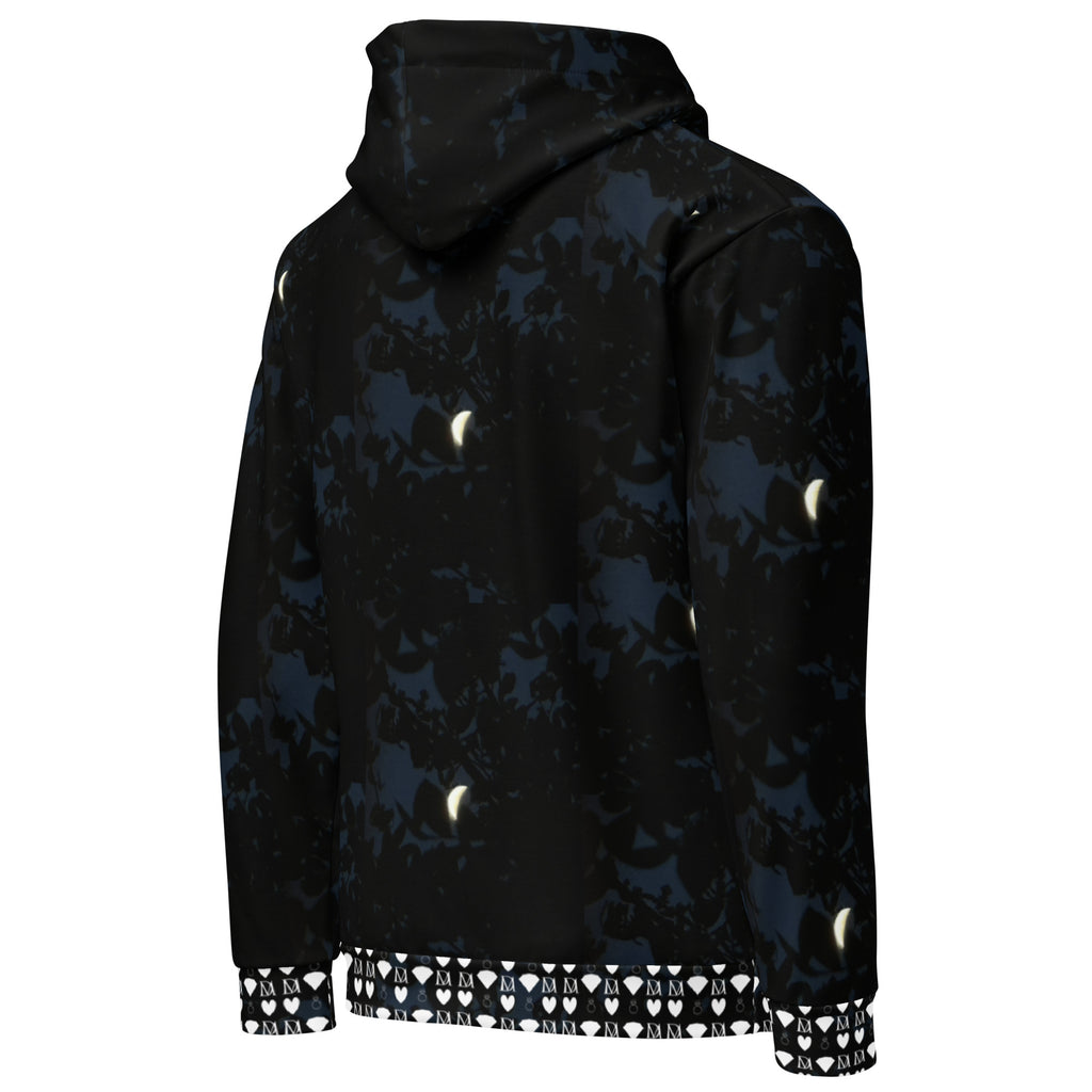 Daemon Luxury Nightcrawler Coordinate unisex hoodie with all-over print on white recycled fabric, shown from the right back view.