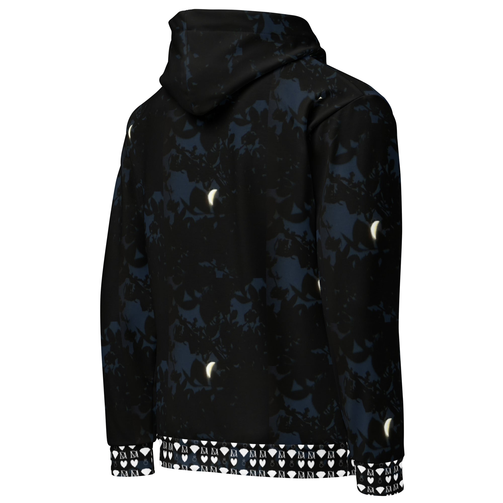 Daemon Luxury Nightcrawler Coordinate unisex hoodie with all-over print on white recycled fabric, shown from the right back view.