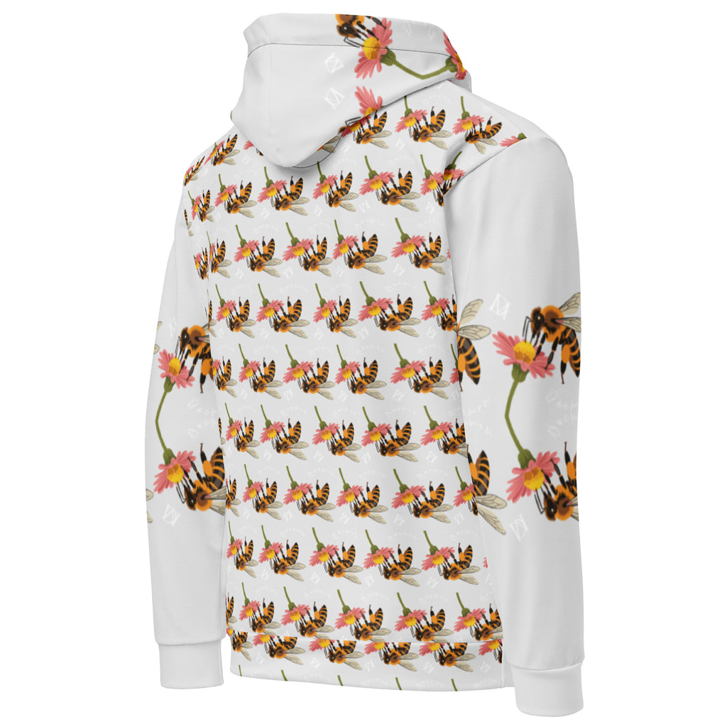 Recycled white unisex hoodie featuring all-over print of Honeybee Shores valley coast design by Daemon Luxury.