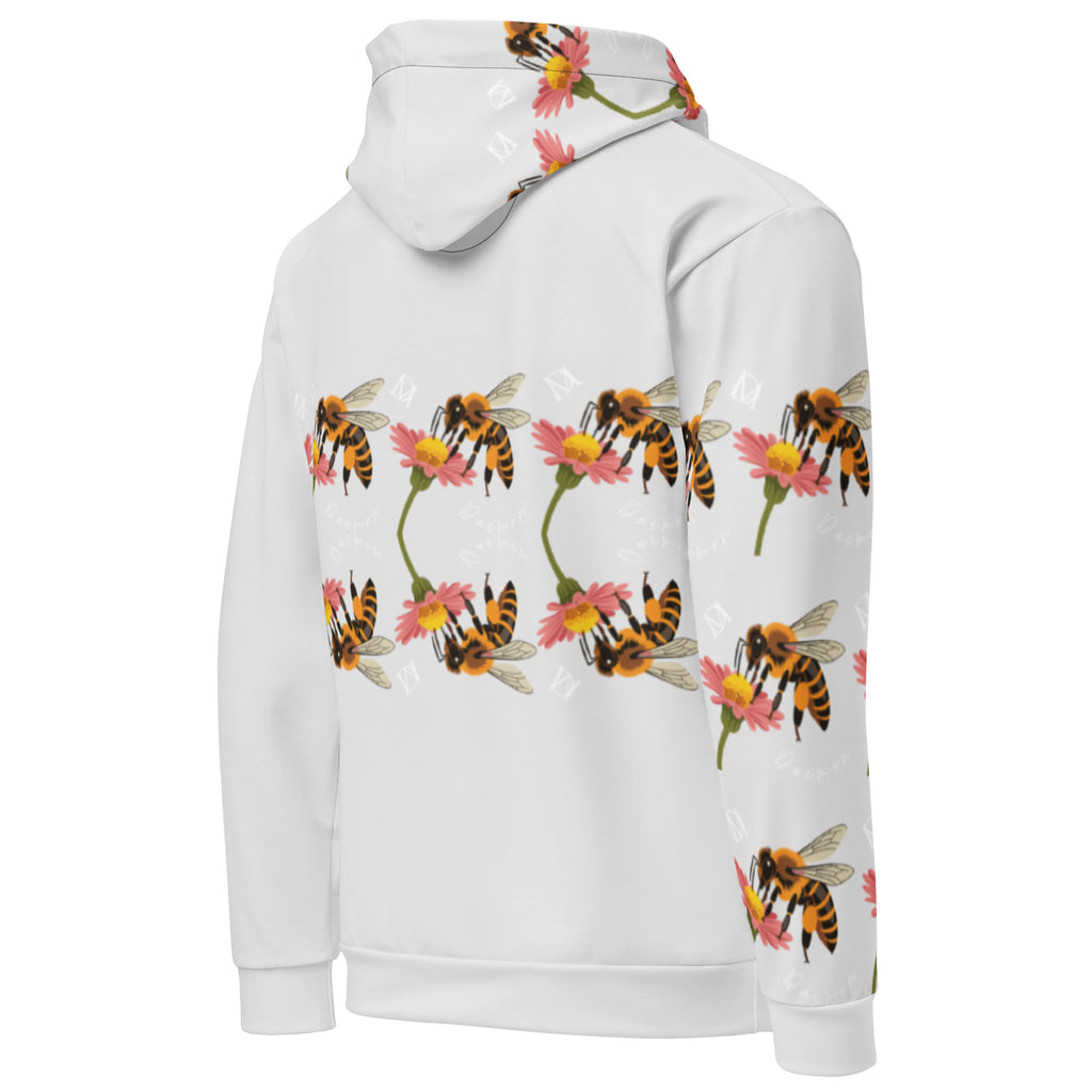 Unisex white recycled cotton hoodie with all-over Honeybee Shores sun-enriched print by Daemon Luxury, shown from the back.