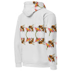 Unisex white recycled cotton hoodie with all-over Honeybee Shores sun-enriched print by Daemon Luxury, shown from the back.