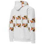 Unisex white recycled hoodie with all-over honeybee shores dusk print, featuring ribbed cuffs and hood by Daemon Luxury.