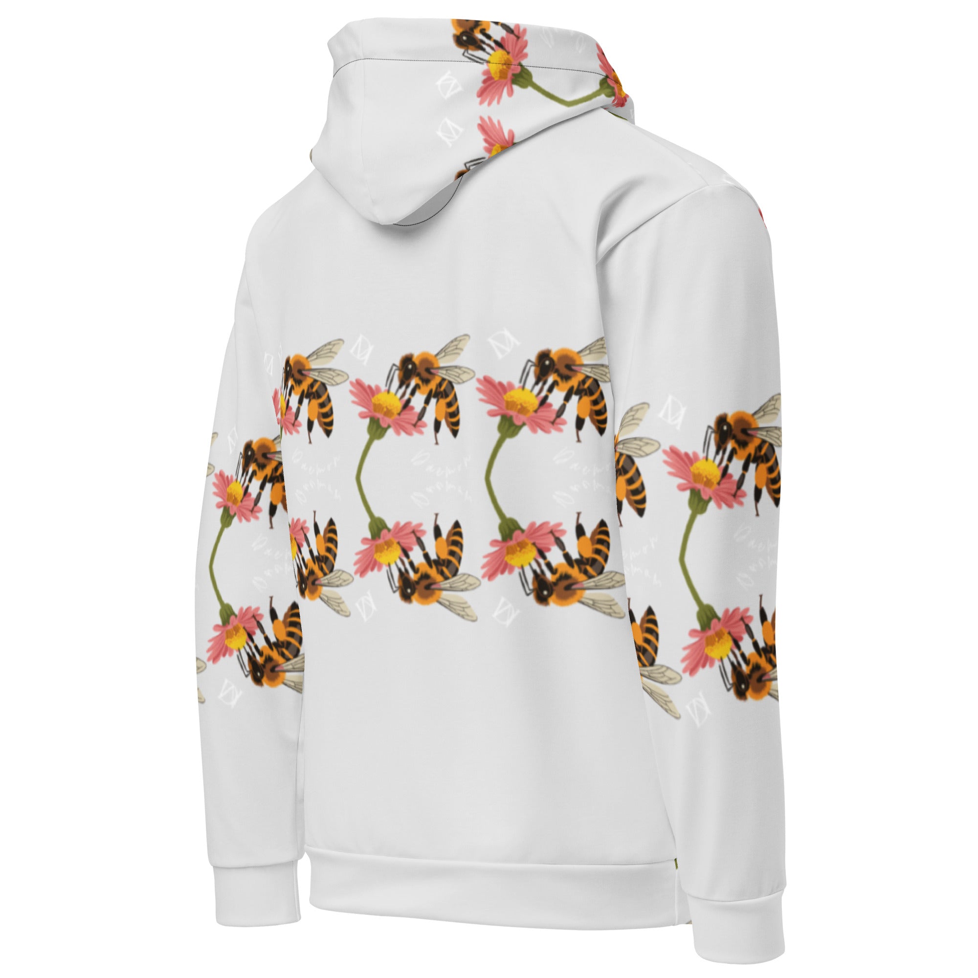 Unisex white recycled hoodie with all-over honeybee shores dusk print, featuring ribbed cuffs and hood by Daemon Luxury.