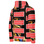 Recycled white unisex Serpentine Nicaragua hoodie with all-over print and hood, from Daemon Luxury, viewed from the right back side.