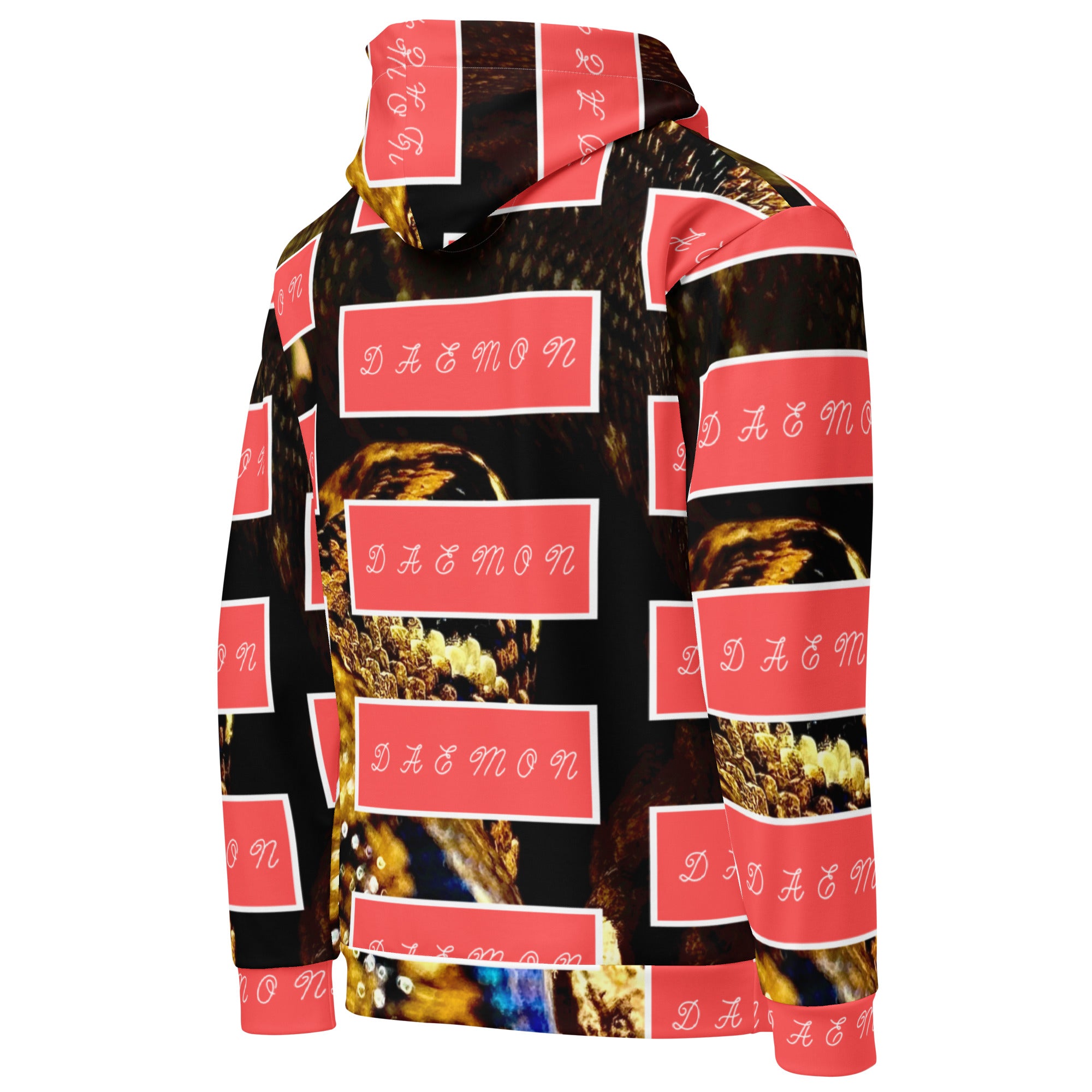 Recycled white unisex Serpentine Nicaragua hoodie with all-over print and hood, from Daemon Luxury, viewed from the right back side.
