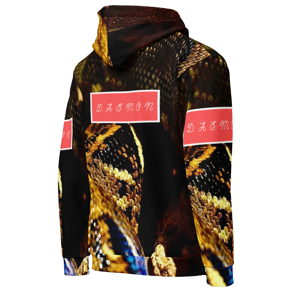 Recycled white unisex hoodie with all-over serpentine Nicaragua print from Daemon Luxury, showing the back view.