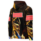 Recycled white unisex hoodie with all-over serpentine Nicaragua print from Daemon Luxury, showing the back view.