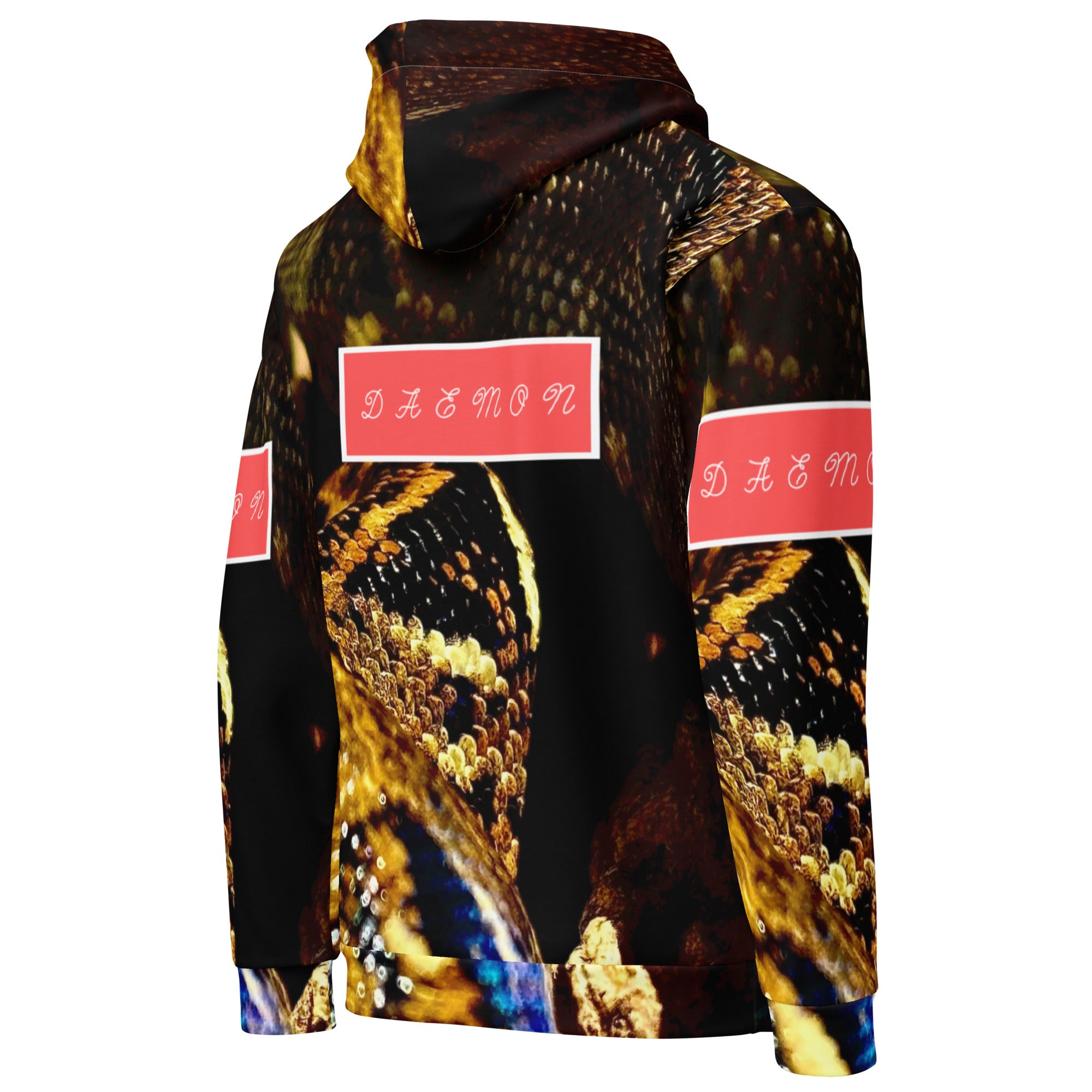 Recycled white unisex hoodie with all-over serpentine Nicaragua print from Daemon Luxury, showing the back view.