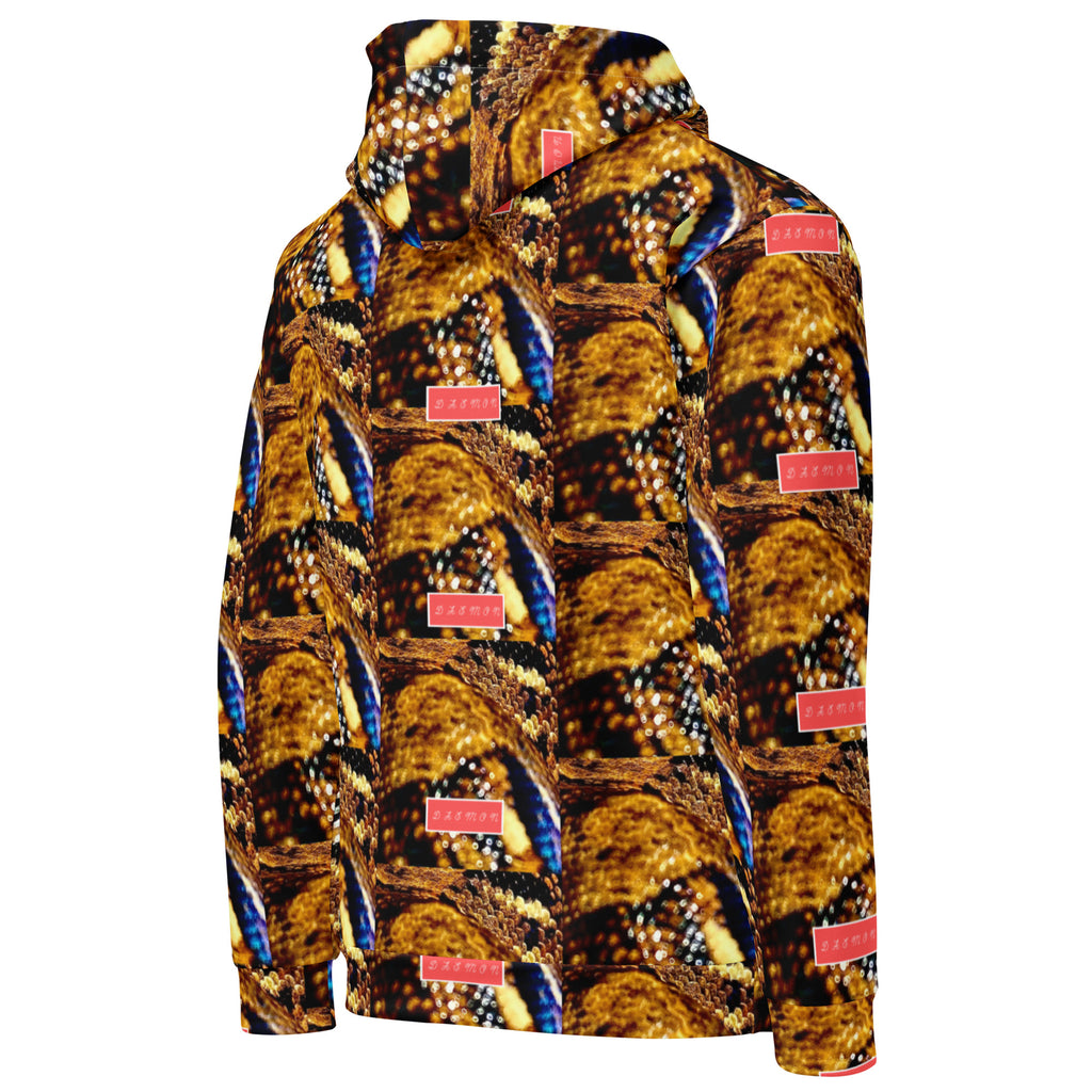 Daemon Luxury Serpentine Nicaragua .1 unisex hoodie with all-over recycled print, white color, front and back view.