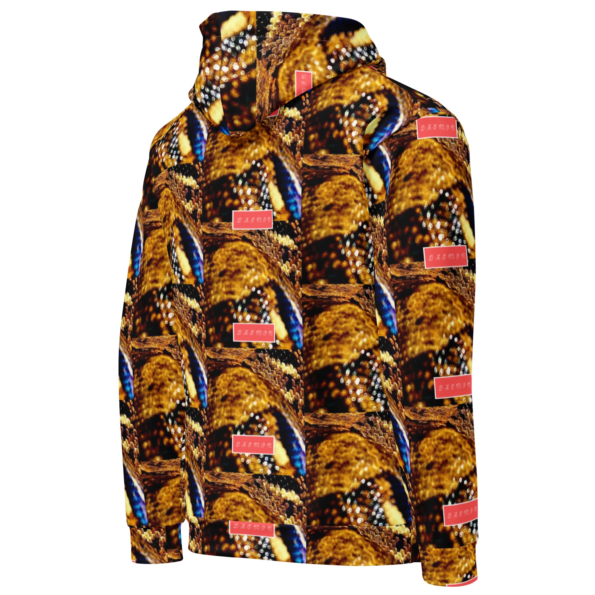 Daemon Luxury Serpentine Nicaragua .1 unisex hoodie with all-over recycled print, white color, front and back view.