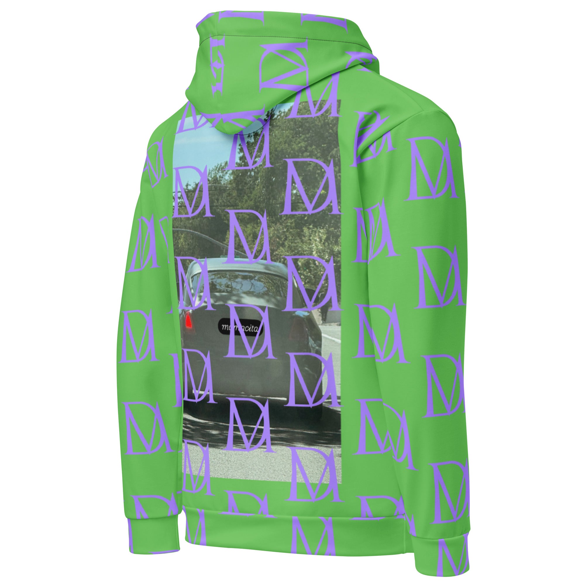 Unisex Summer Breeze .1 Lilac Lux Felpa hoodie with all-over recycled print, white background, right-back view, Daemon Luxury branding