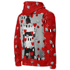 White Daemon Luxury Foreigners Luv La Flame Dim unisex hoodie with all-over print, featuring a bold, colorful design on the back.