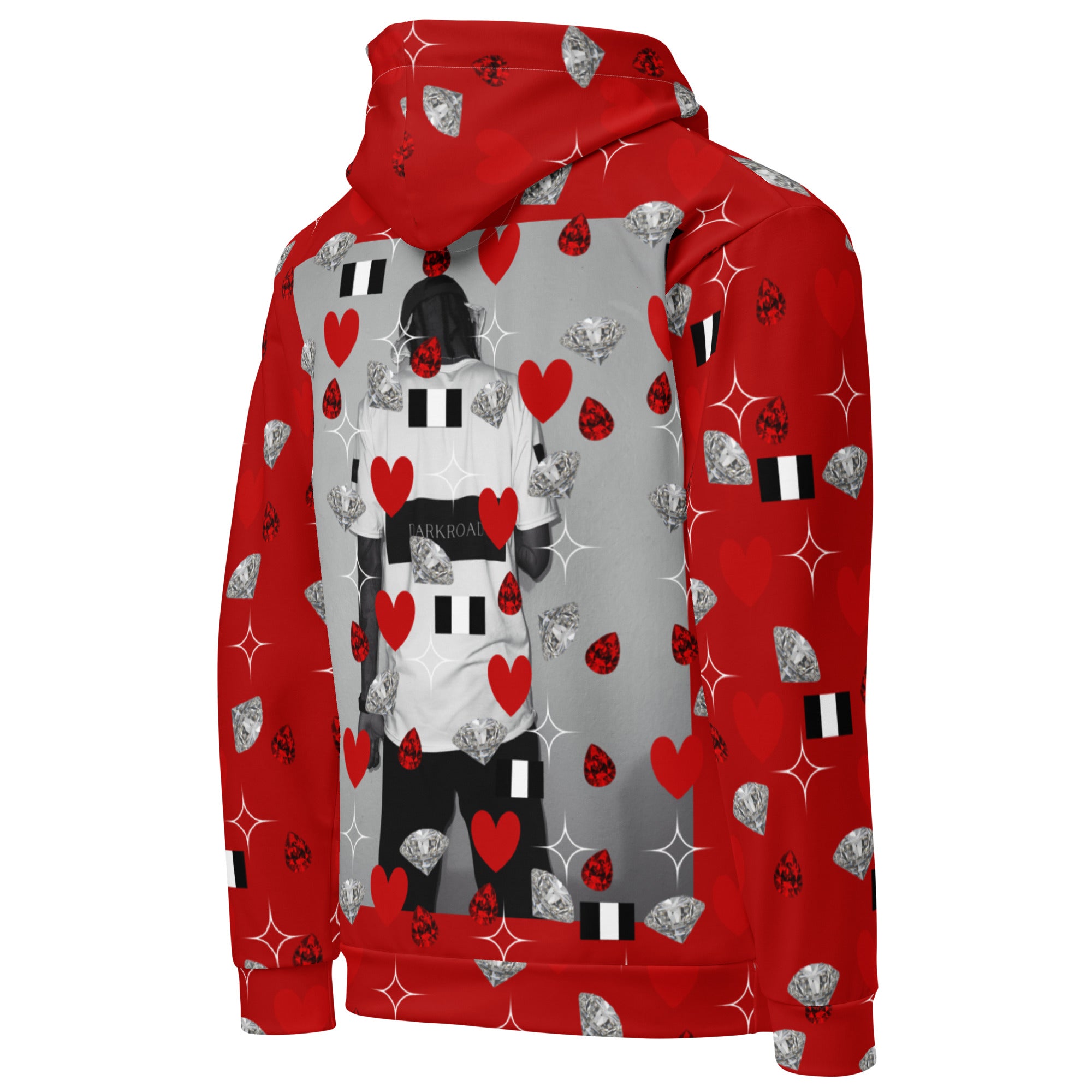 White Daemon Luxury Foreigners Luv La Flame Dim unisex hoodie with all-over print, featuring a bold, colorful design on the back.
