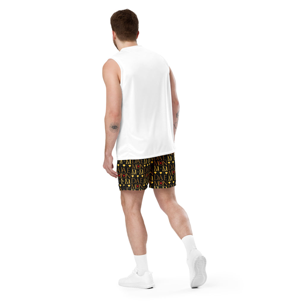 Daemon Luxury Sun Glow California Pantolocini recycled unisex mesh shorts with all-over white print, back view.