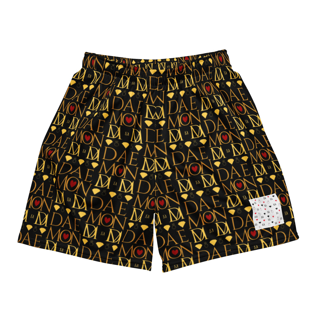Daemon Luxury Sun Glow California recycled unisex mesh shorts with all-over white print, front view.