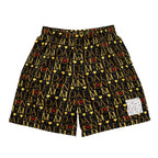 Daemon Luxury Sun Glow California recycled unisex mesh shorts with all-over white print, front view.