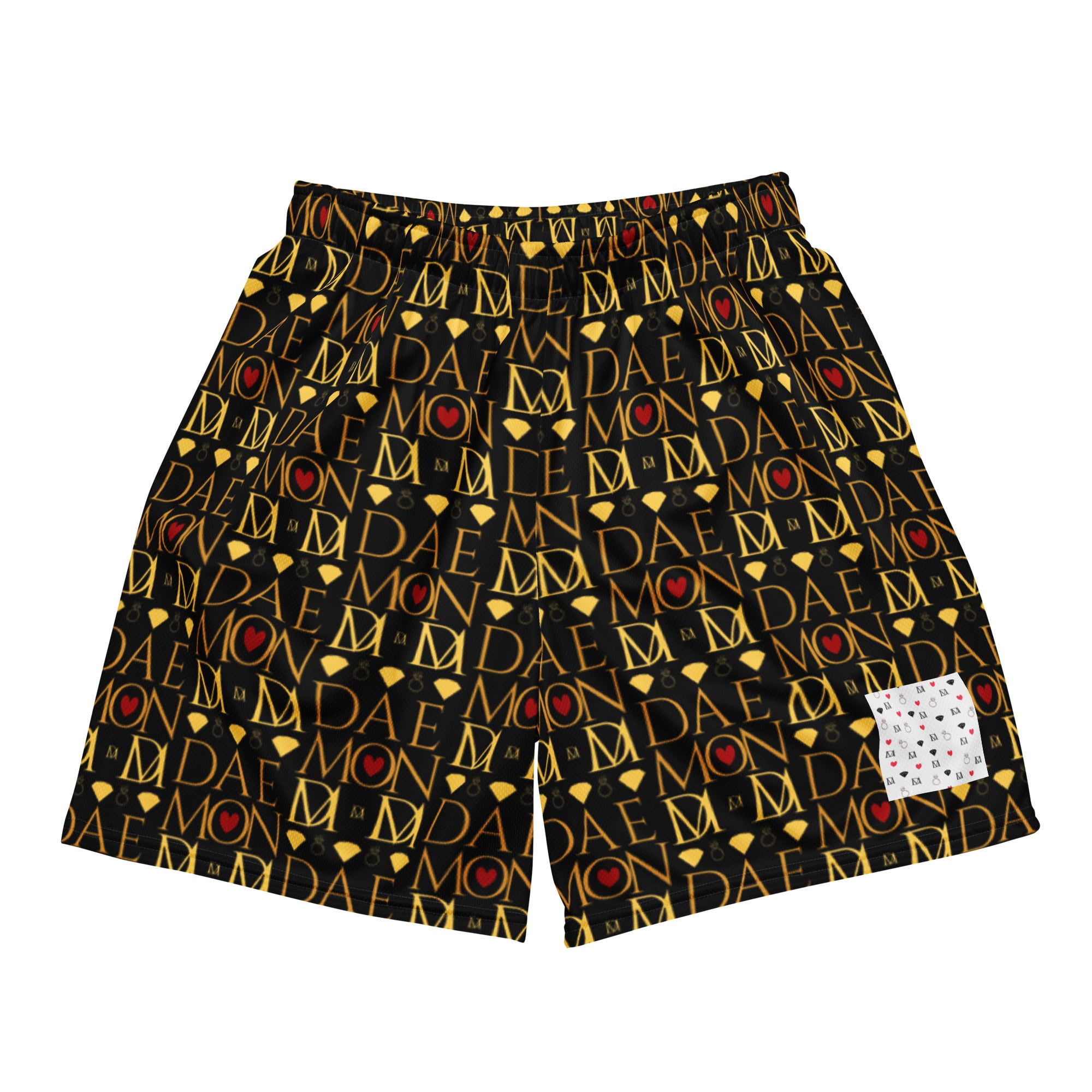 Daemon Luxury Sun Glow California recycled unisex mesh shorts with all-over white print, front view.