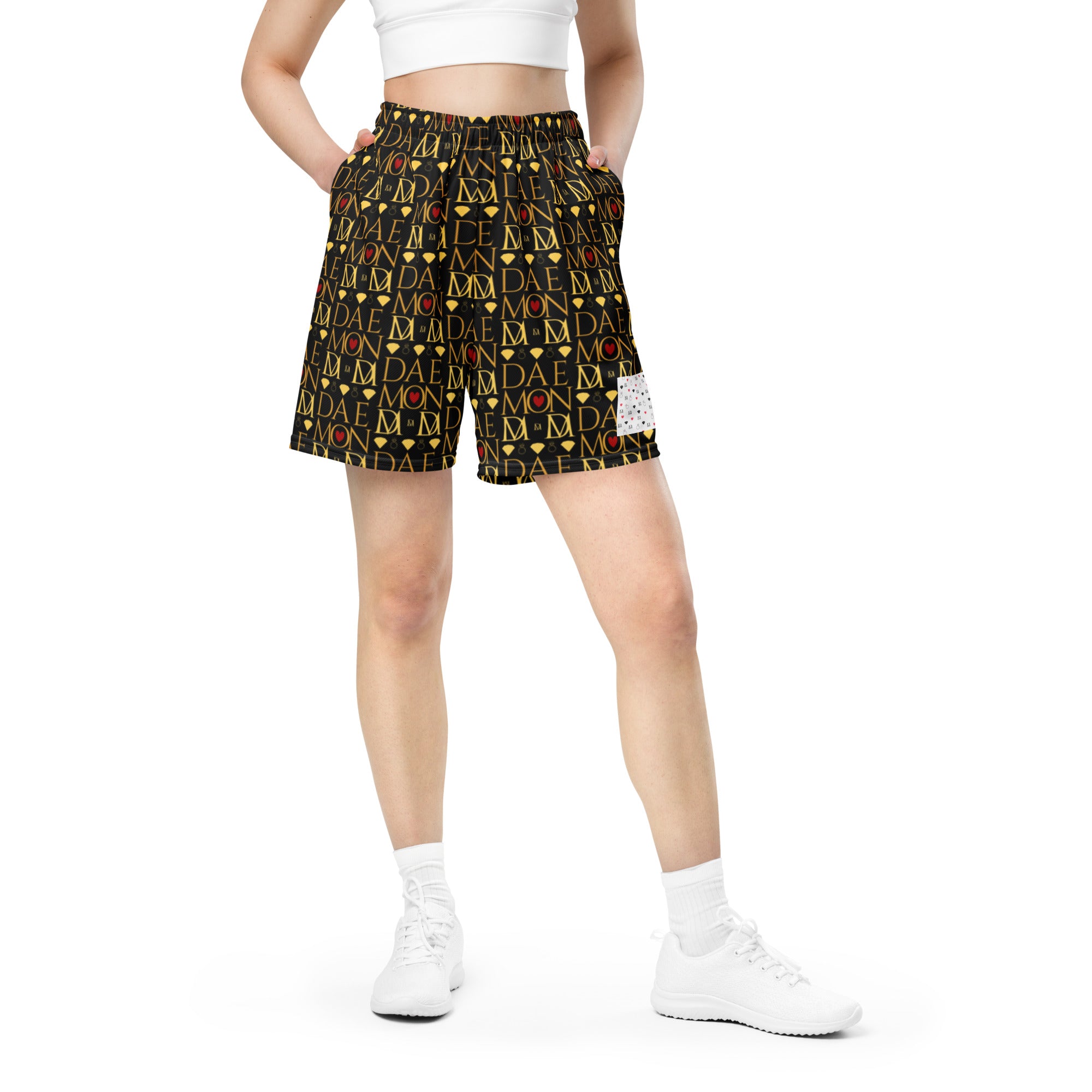 Daemon Luxury Sun Glow California Pantolocini all-over-print recycled unisex mesh shorts in white, front view