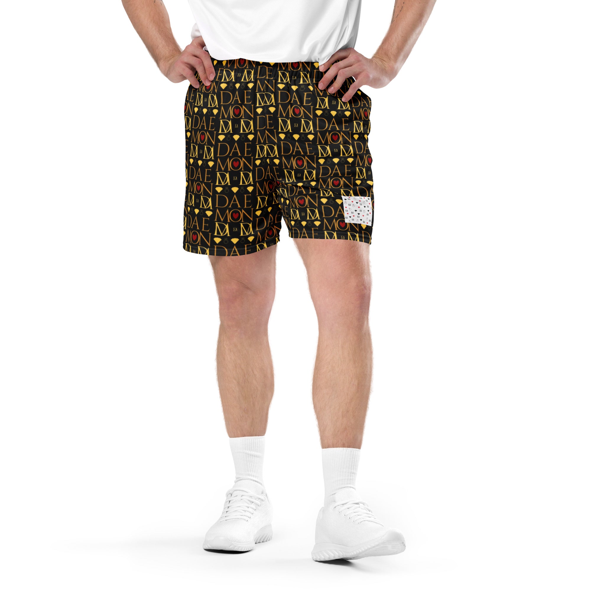 Daemon Luxury Sun Glow California Pantolocini recycled unisex mesh shorts with all-over white print, front view.