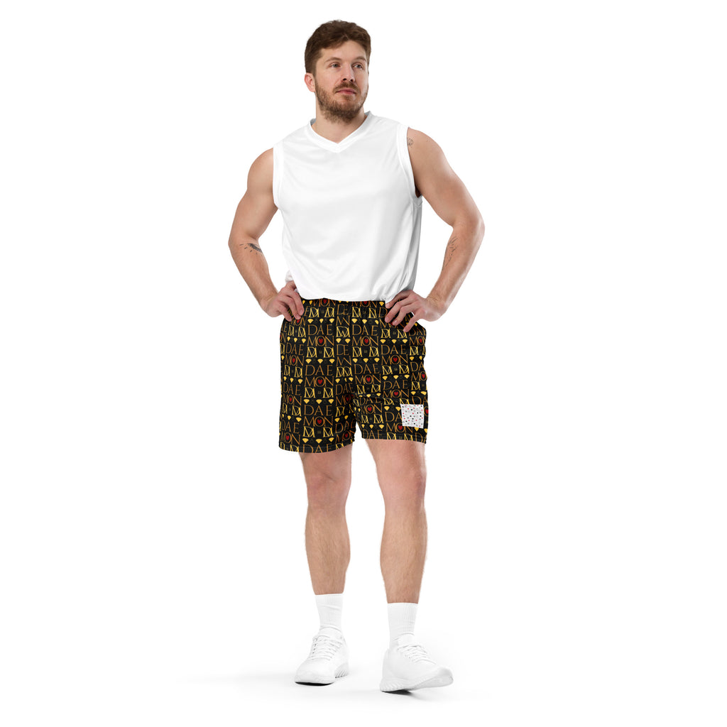 Daemon Luxury Sun Glow California Pantolocini recycled unisex mesh shorts with all-over print, white front design.