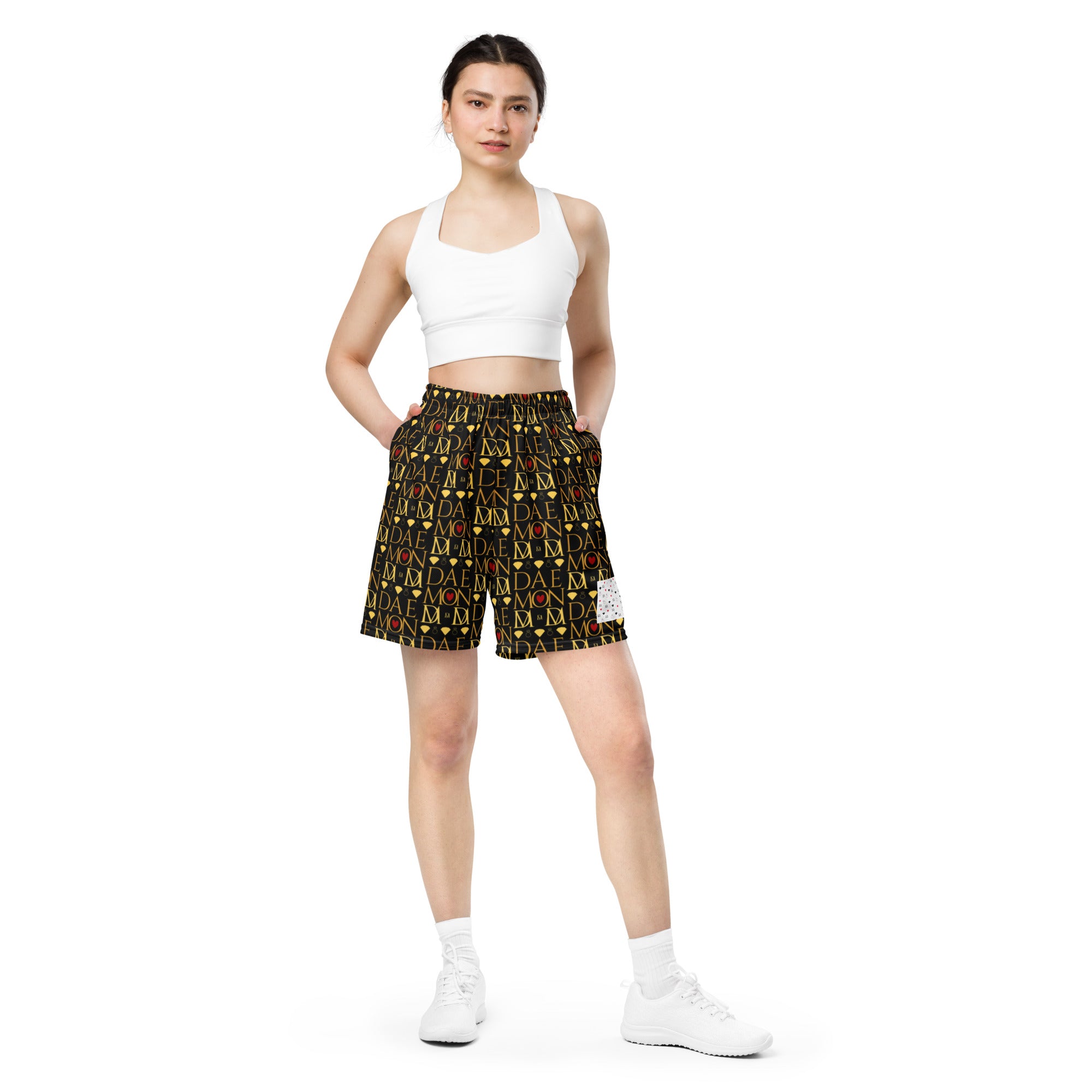 Daemon Luxury Sun Glow California Pantolocini all-over-print recycled unisex mesh shorts, white with vibrant sun-themed design.