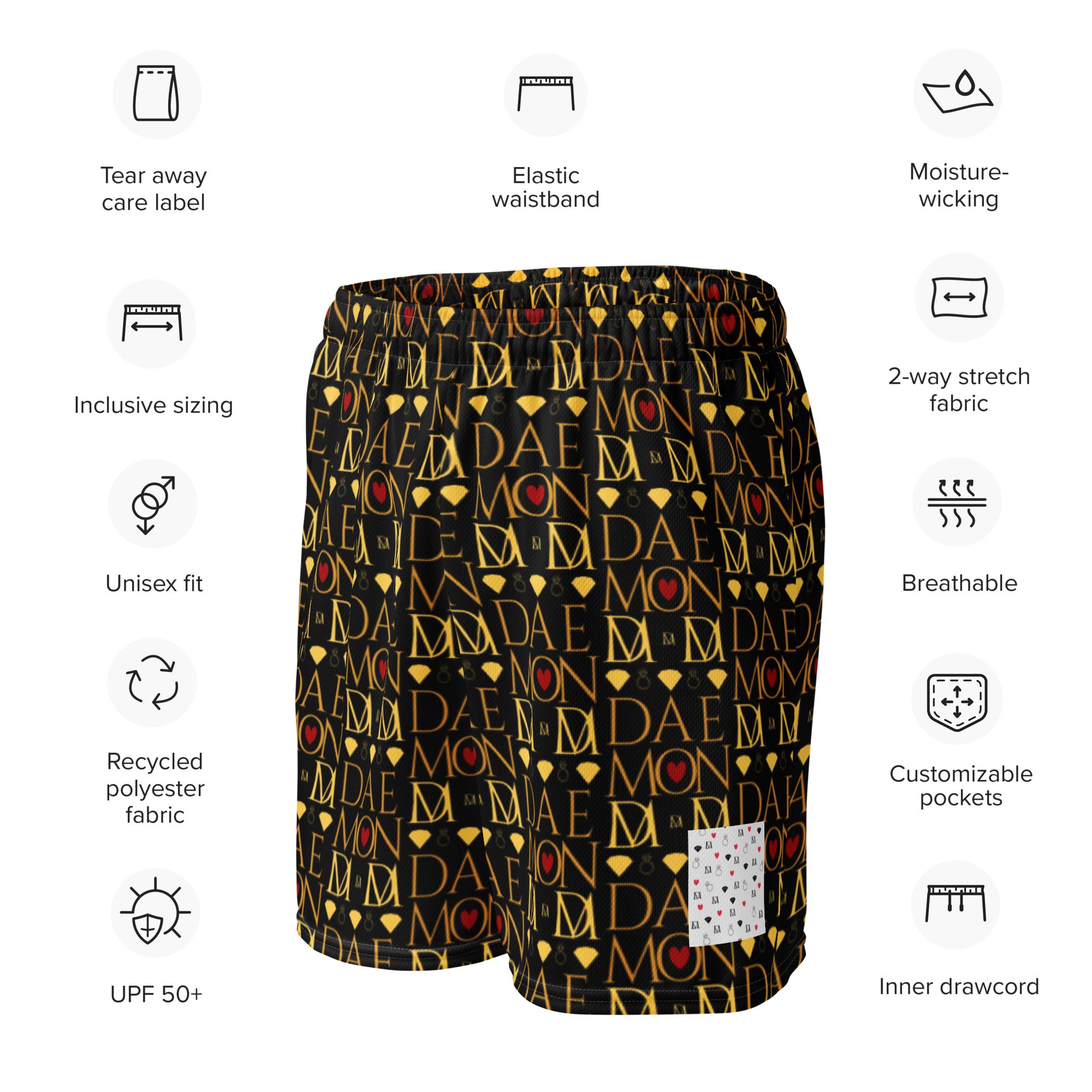 Daemon Luxury Sun Glow California Pantolocini all-over-print recycled unisex mesh shorts, white with vibrant design details.
