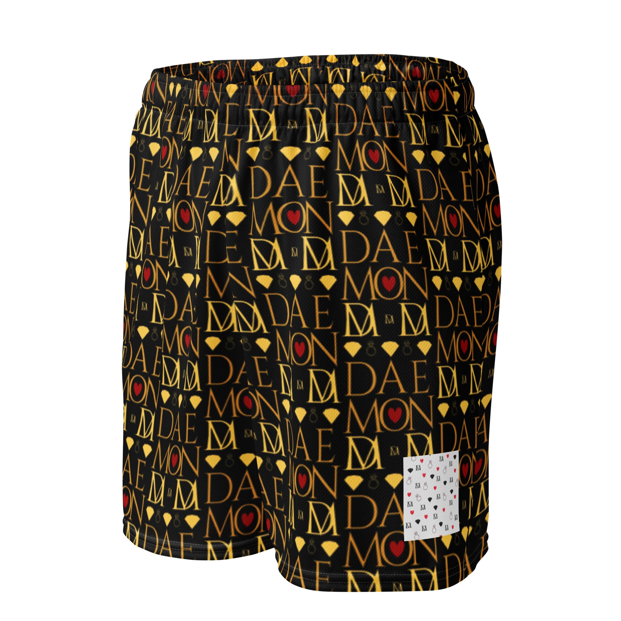 Daemon Luxury Sun Glow California Pantolocini unisex recycled mesh shorts with all-over white print, front view.