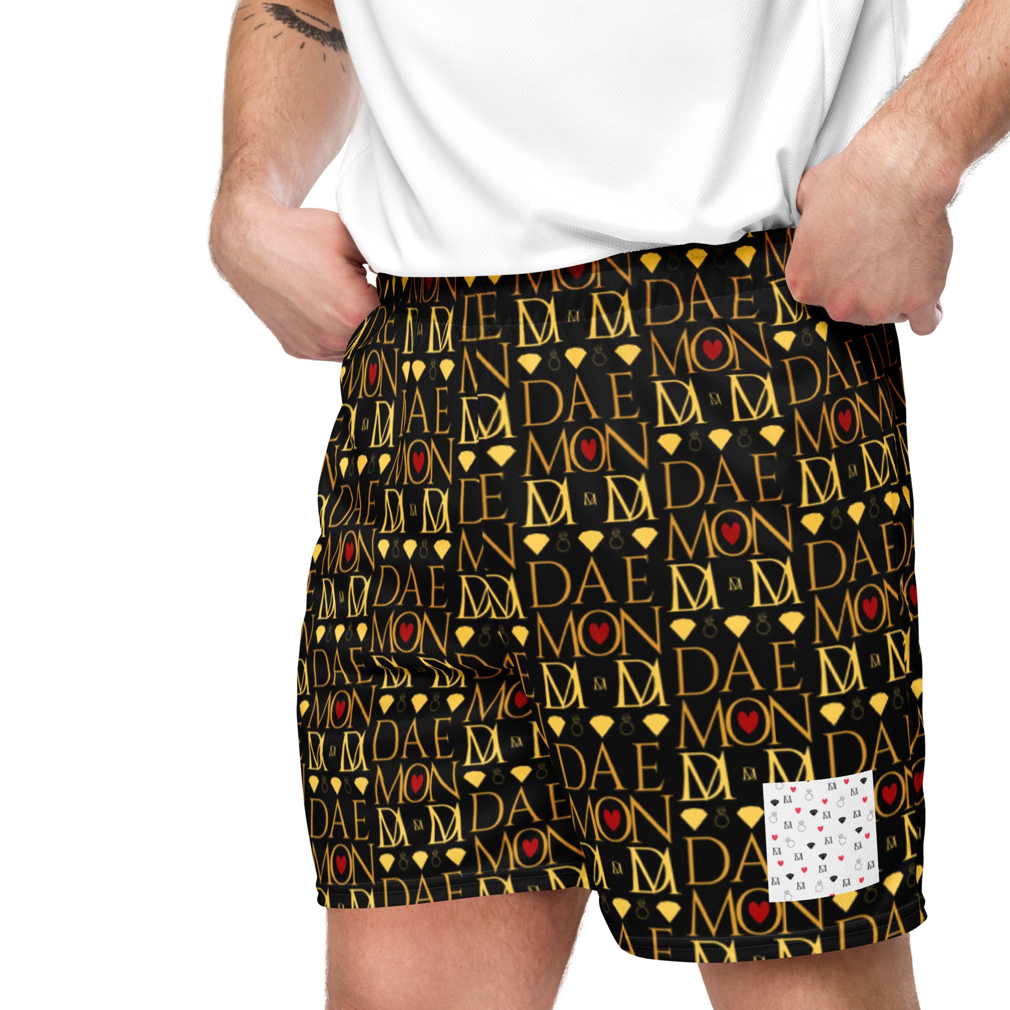 Daemon Luxury Sun Glow California Pantolocini unisex mesh shorts with all-over recycled print, white fabric, front view.