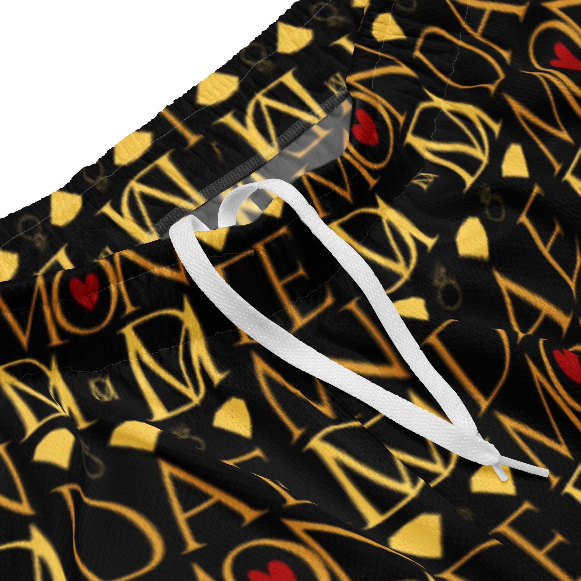 Recycled white unisex mesh shorts with Sun Glow California Pantolocini design by Daemon Luxury, featuring all-over colorful print.