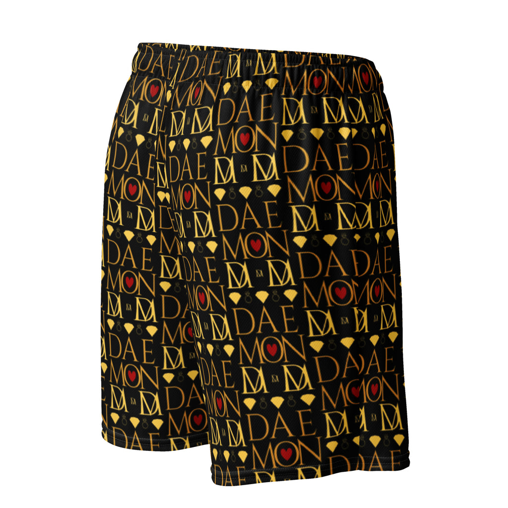 Daemon Luxury Sun Glow California Pantolocini recycled unisex mesh shorts with all-over white print, viewed from the right back.