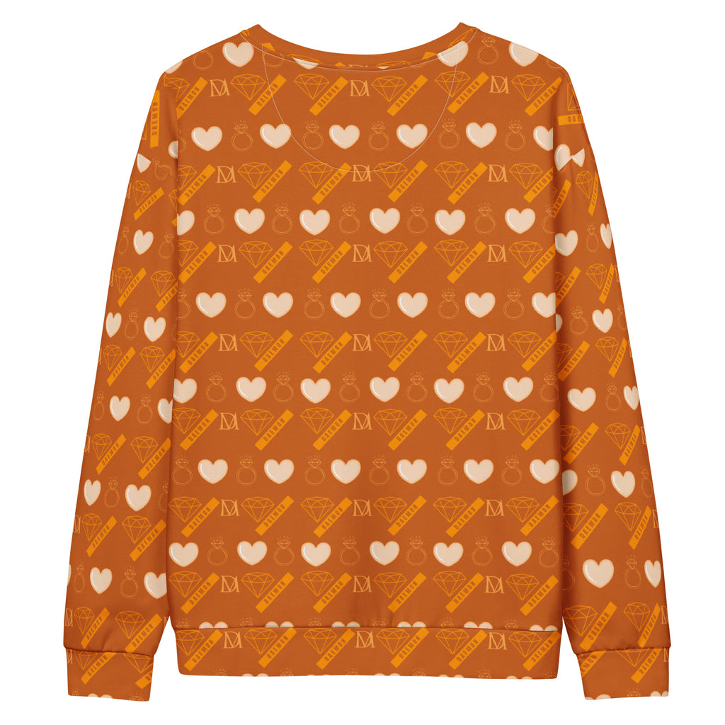 White Daemon Gloomy Runner Honey all-over-print recycled unisex sweatshirt, front view with detailed design.