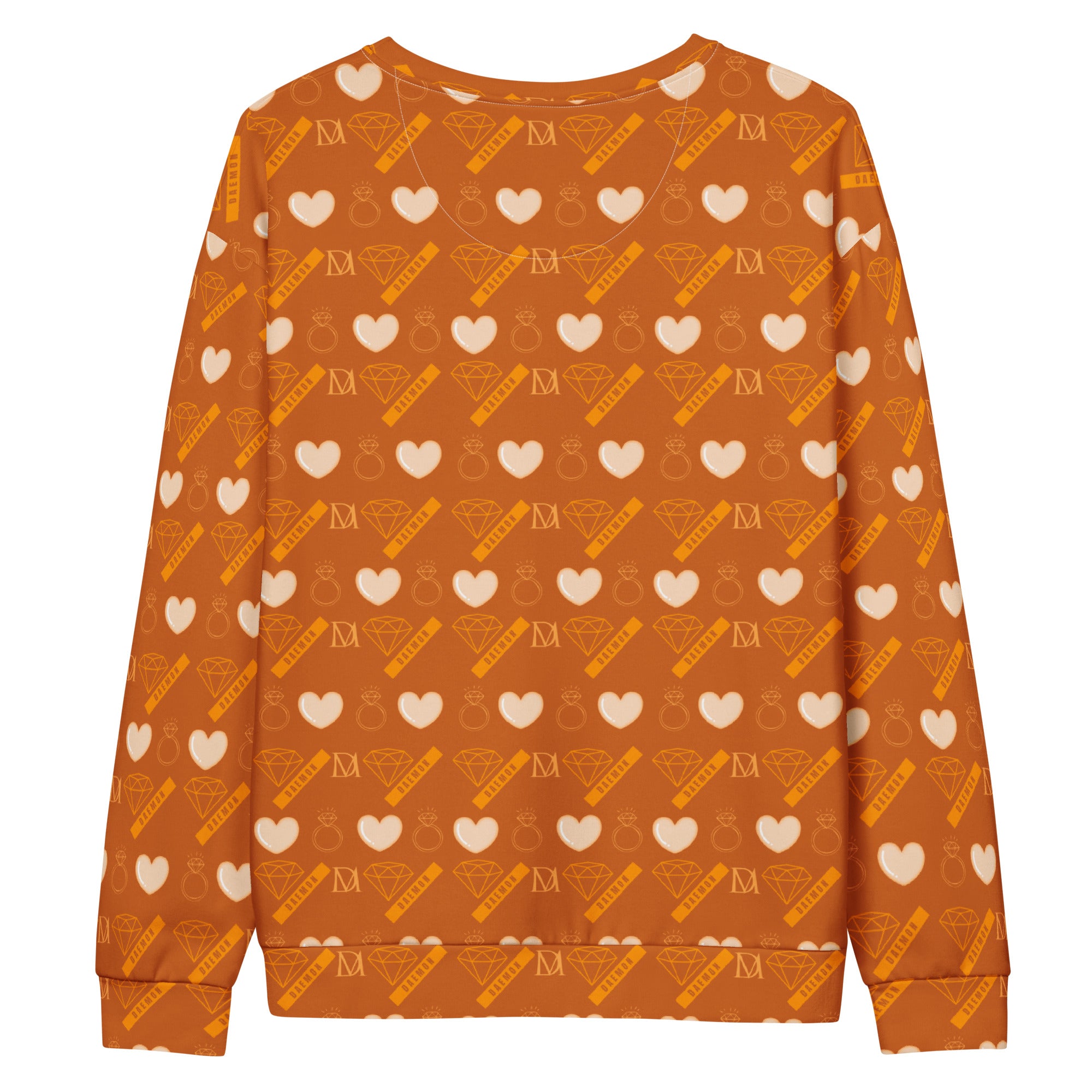 White Daemon Gloomy Runner Honey all-over-print recycled unisex sweatshirt, front view with detailed design.