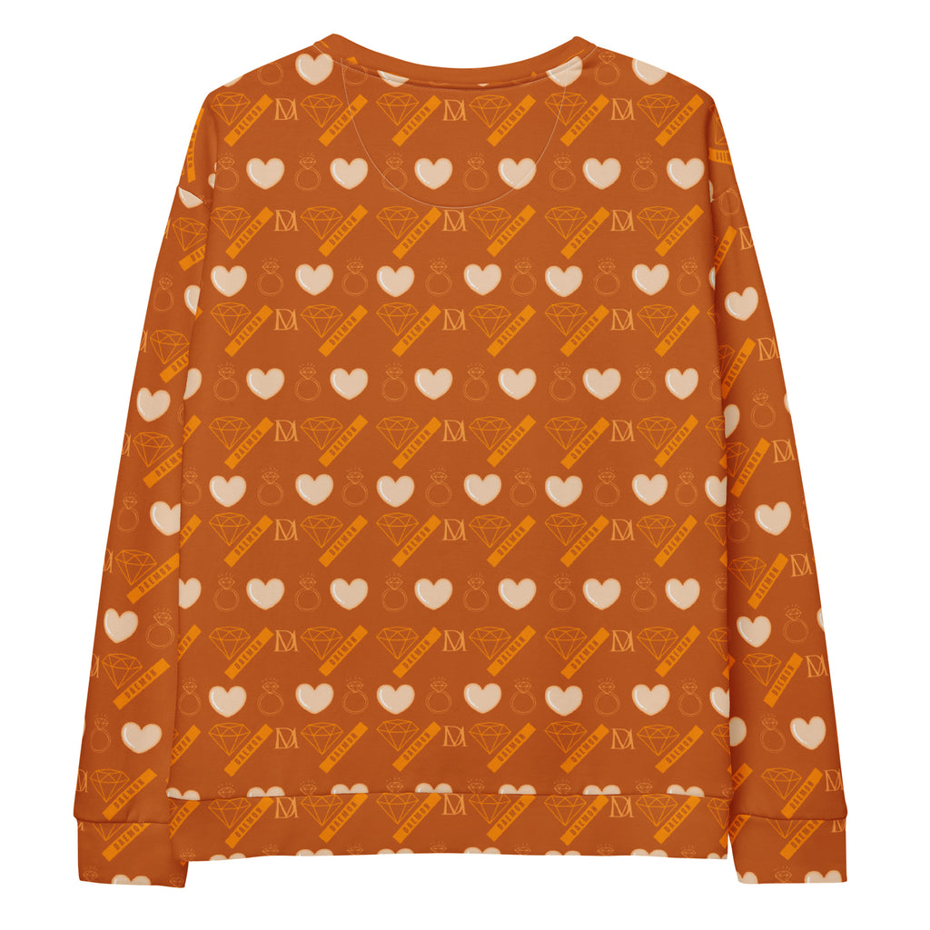 White Daemon Gloomy Runner Honey unisex sweatshirt with all-over print and recycled fabric, shown from the back.
