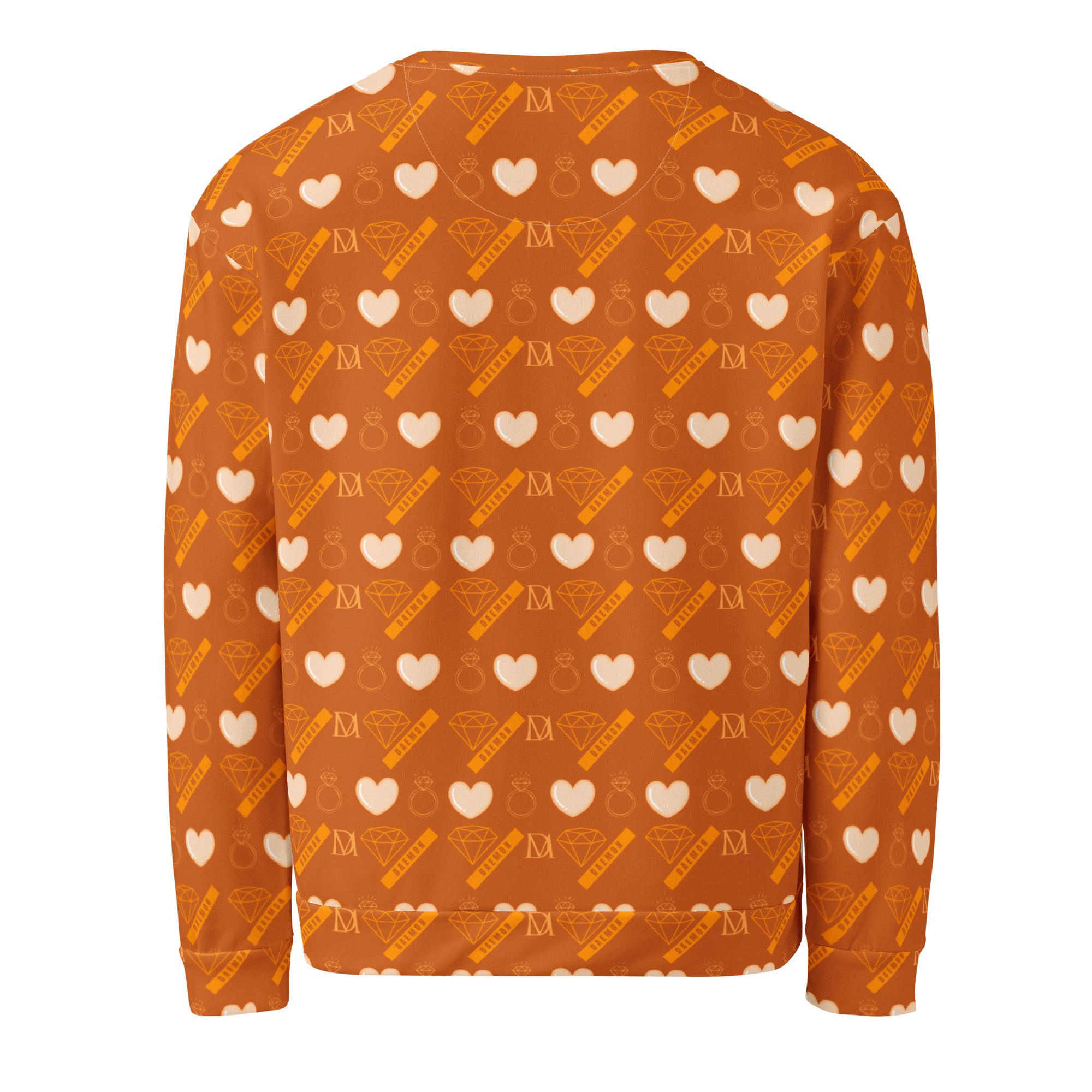 Daemon Gloomy Runner Honey Felpa all-over-print recycled unisex sweatshirt in white, showcasing a vibrant, detailed design on the back.