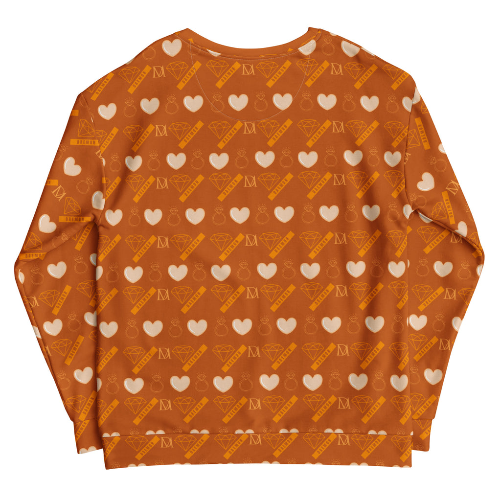 Daemon Gloomy Runner Honey all-over-print recycled unisex sweatshirt in white, featuring bold graphic design on the back.