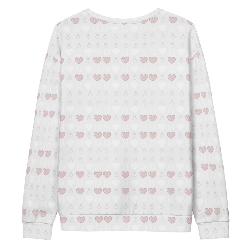White unisex recycled sweatshirt featuring all-over-print Frosted Diamonds Blissful Replay design by Daemon.