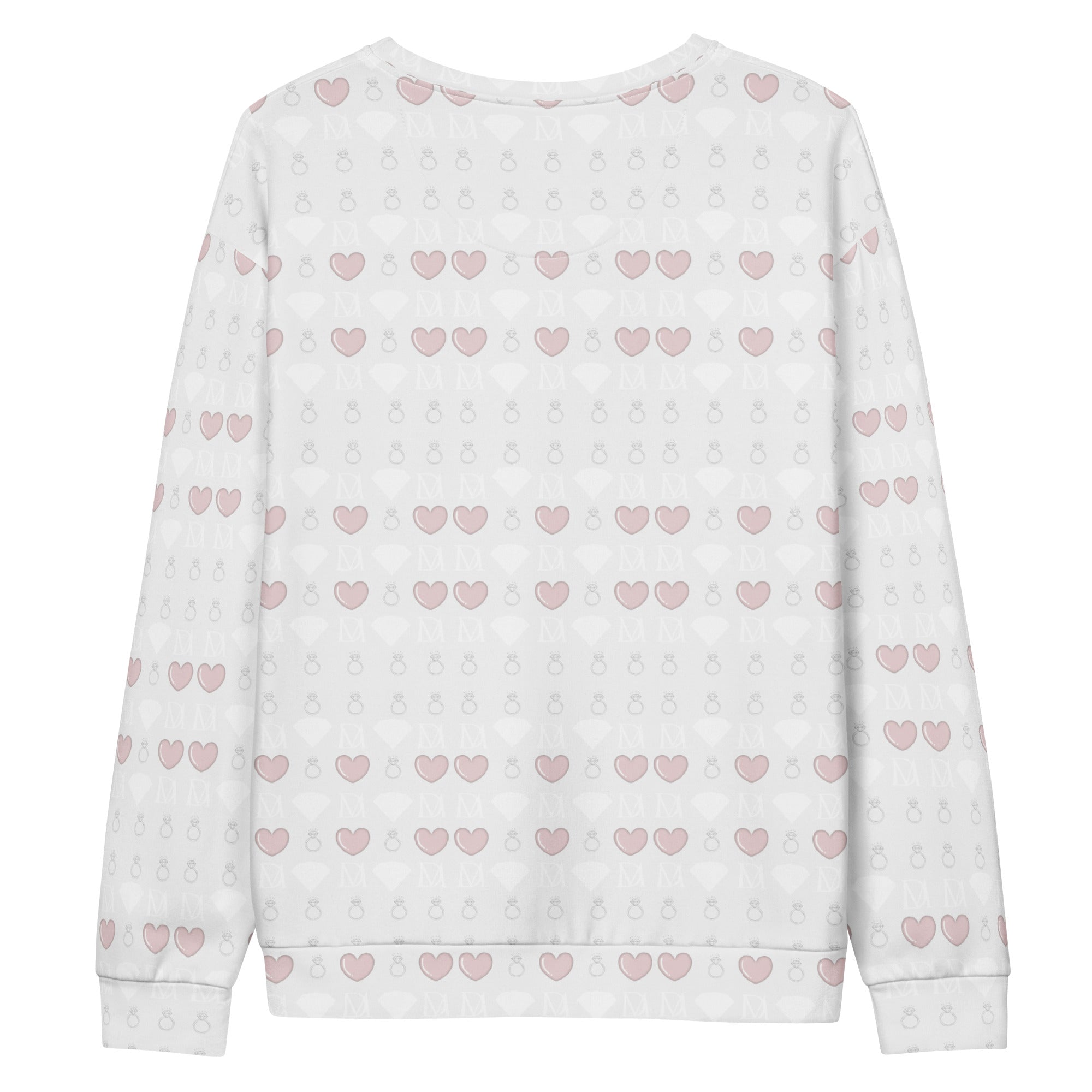 White unisex recycled sweatshirt featuring all-over-print Frosted Diamonds Blissful Replay design by Daemon.