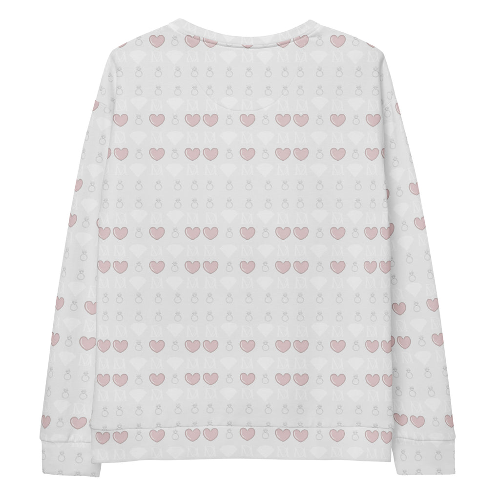 White recycled unisex sweatshirt with all-over-print of frosted diamonds and blissful replay design by Daemon.