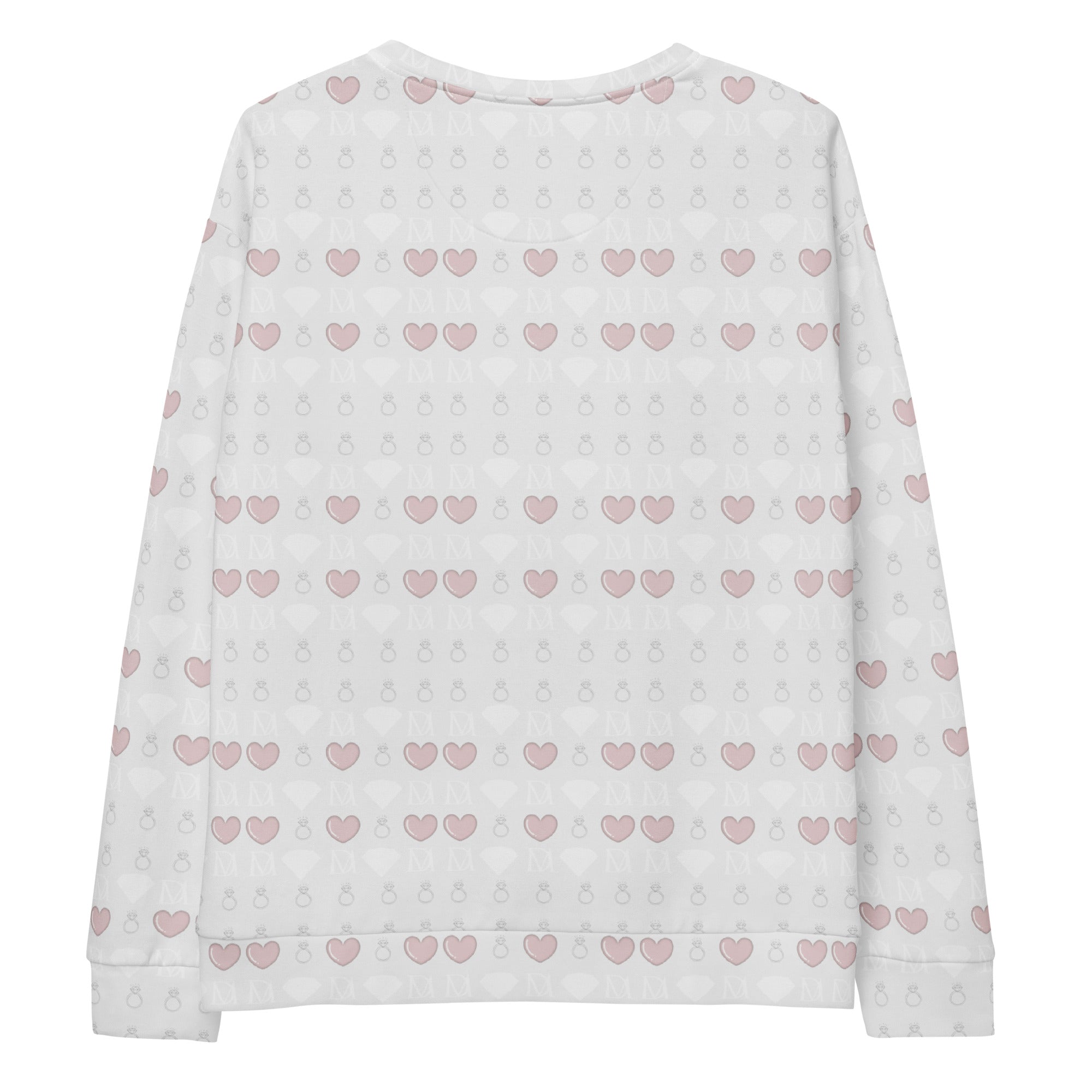 White recycled unisex sweatshirt with all-over-print of frosted diamonds and blissful replay design by Daemon.