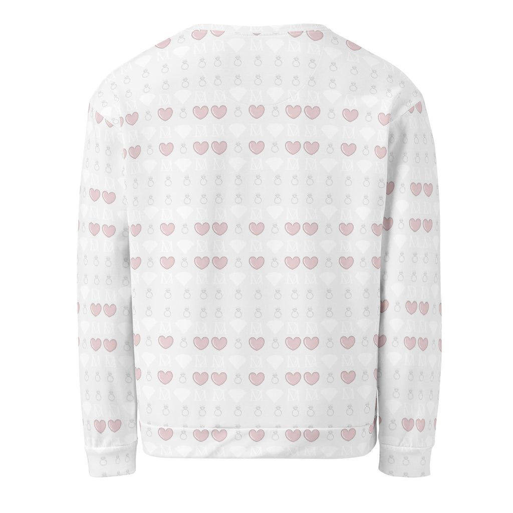White recycled unisex sweatshirt featuring all-over-print Frosted Diamonds Blissful Replay Daemon brand design.