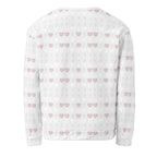 White recycled unisex sweatshirt featuring all-over-print Frosted Diamonds Blissful Replay Daemon brand design.